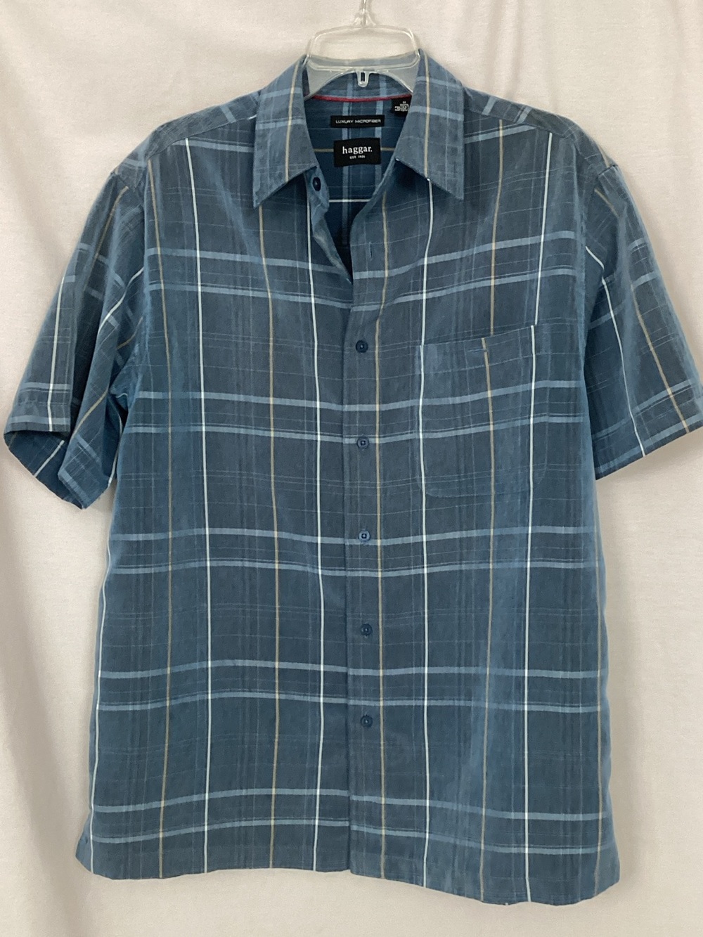 Haggar Blue & White Plaid Short-Sleeve Button-Down Shirt